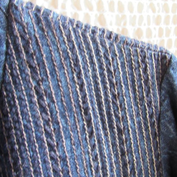 Long Denim Embordered Jacket Duster M Khaki White Stitching Lightweight Pockets - Picture 4 of 14